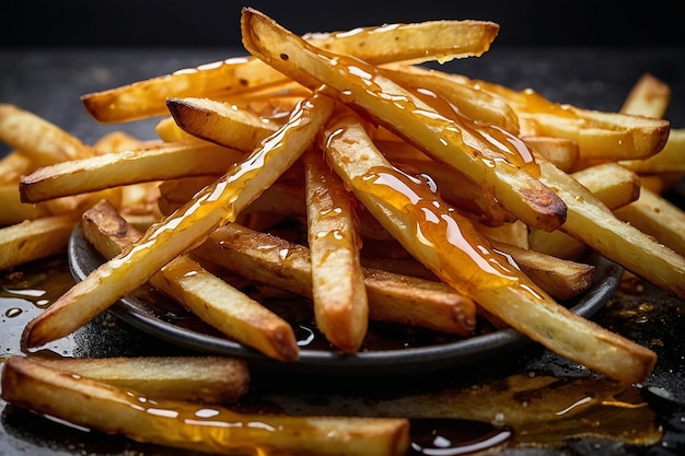 Photo a pile of fries with a drizzle of honey realistic a