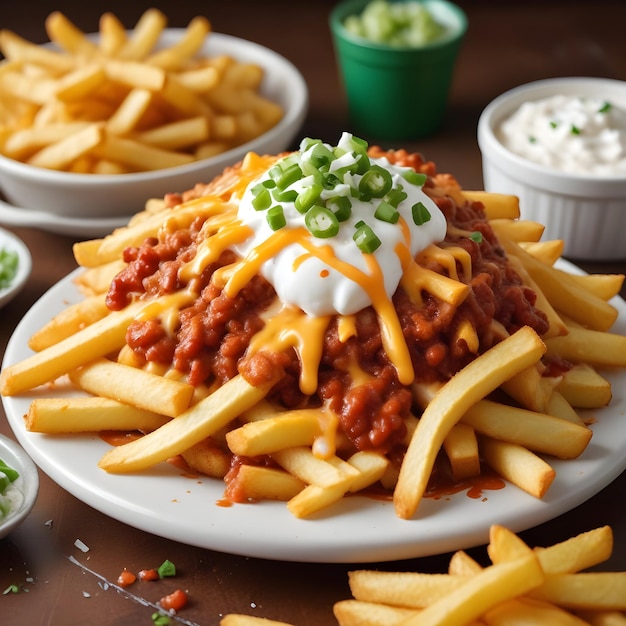 a pile of fries with ketchup and cheese on top of them