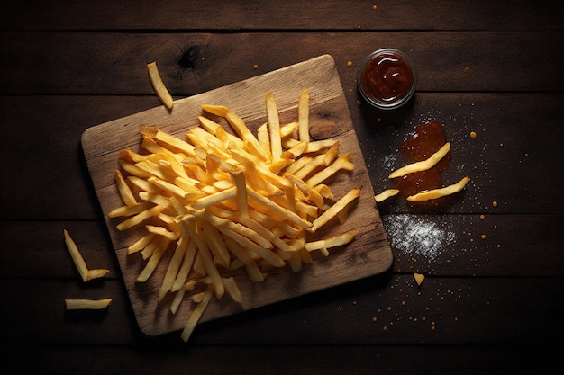 A pile of fries on a wooden board with ketchup on the side.