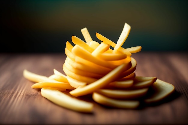 A pile of fries on a wooden table.