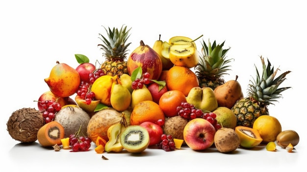 A pile of fruit including one that says'fruit '