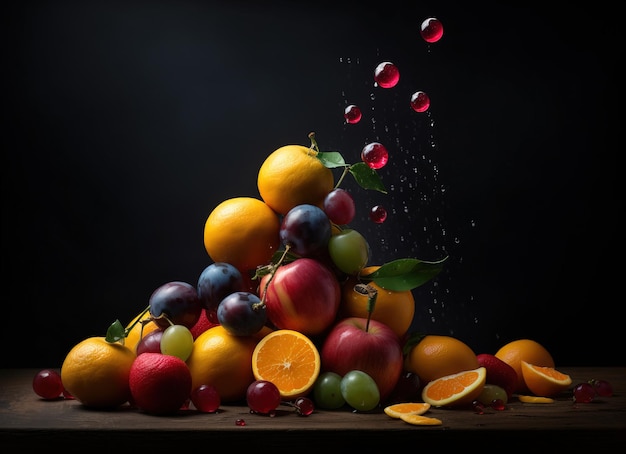 A pile of fruit with a drop of water in the middle of it.