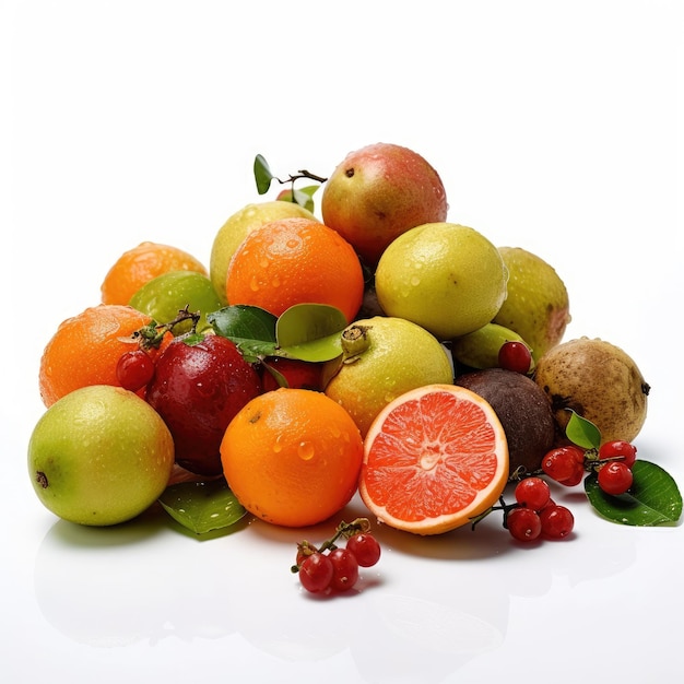 A pile of fruit with a red berry on the top.