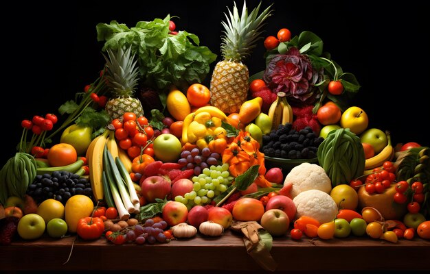 a pile of fruits and vegetables including pineapples bananas and other vegetables