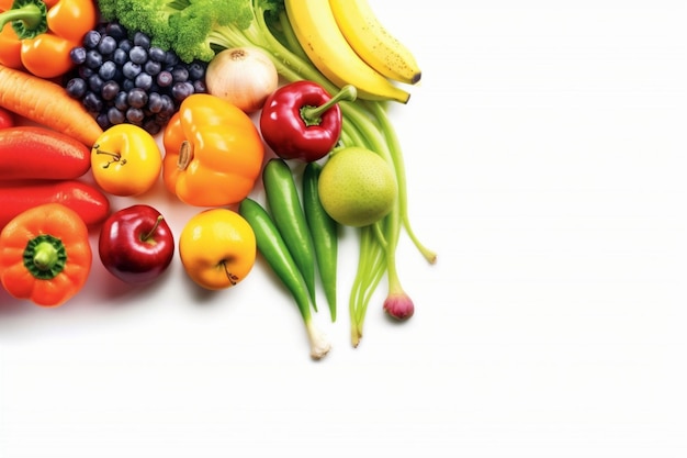 A pile of fruits and vegetables on a white background