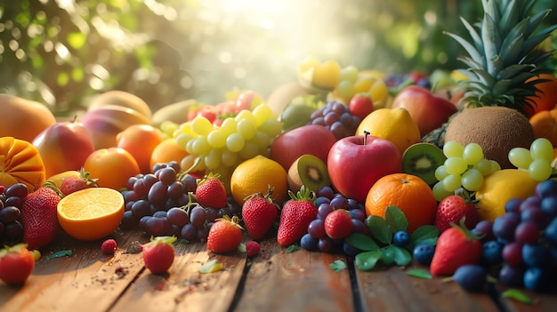 a pile of fruits and vegetables on a wooden table