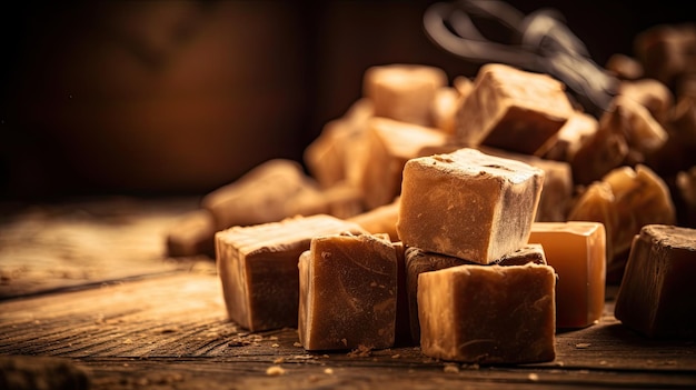 A pile of fudge on a wooden table