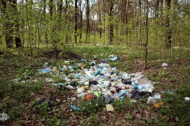 Pile of garbage dump in the forest. Nature environment problems. Polluted nature of forests. Ecology disaster. Global earth pollution.