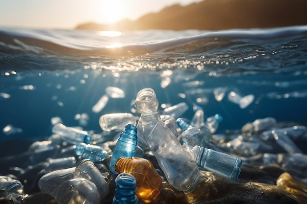 Pile of garbage plastic waste bottles floating in the water pollution of the worlds oceans