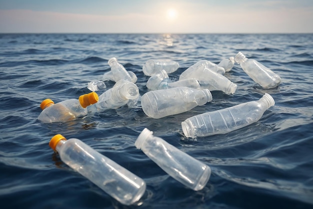 Pile of garbage plastic waste bottles floating in the water pollution of the worlds oceans