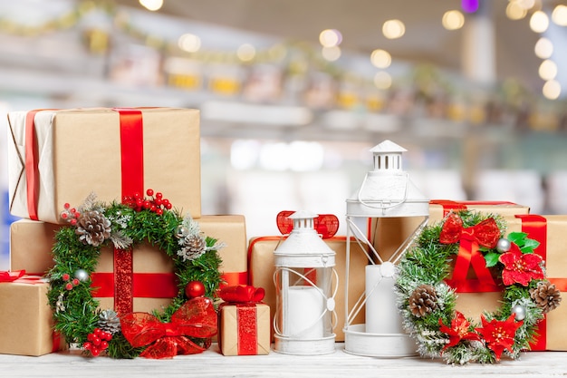 Pile of gifts on the old table