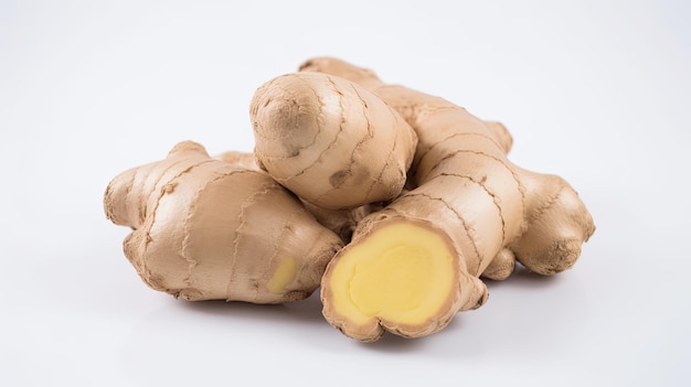 A pile of ginger root on a white background