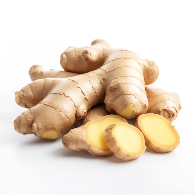 A pile of ginger root on a white background