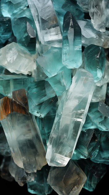 a pile of glass and crystals with a blue background