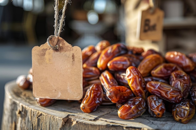 Photo pile of glossy dates on a wooden stump with a blank rustic tag inviting personalization