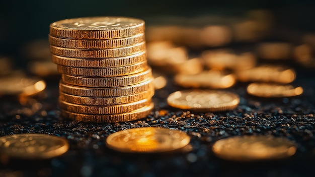 A pile of gold coins on a black surface The coins are stacked on top of each other creating a visually striking and impressive display Concept of wealth and abundance as well as a sense of luxury