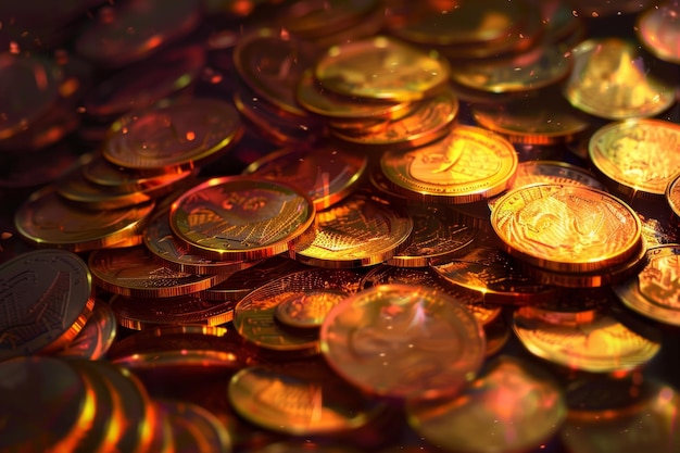 A pile of gold coins neatly stacked on top of a wooden table Blend traditional and digital art techniques to capture the essence of inflation visually