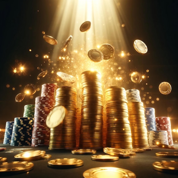 Pile of gold coins and poker chips dynamic scene