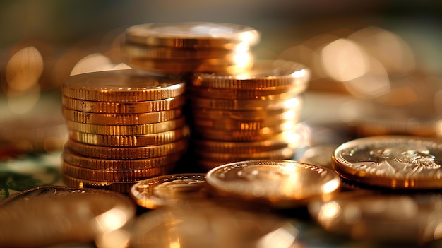 A pile of gold coins sitting on top of a table next to a pile of other gold coins on a table 16k