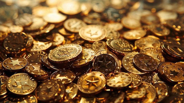 A pile of gold coins sitting on top of a table