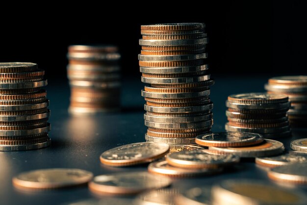 Pile of gold coins stack in finance treasury deposit bank account for saving