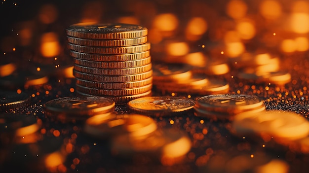 A pile of gold coins on a table The coins are shiny and have a golden color The pile is quite large and he is quite valuable