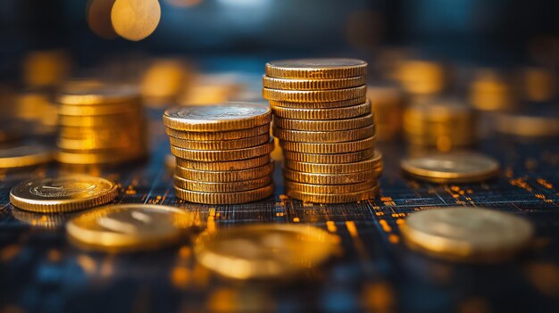 A pile of gold coins on a table The coins are stacked on top of each other and there are many of them