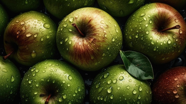 A pile of green apples with water droplets on them