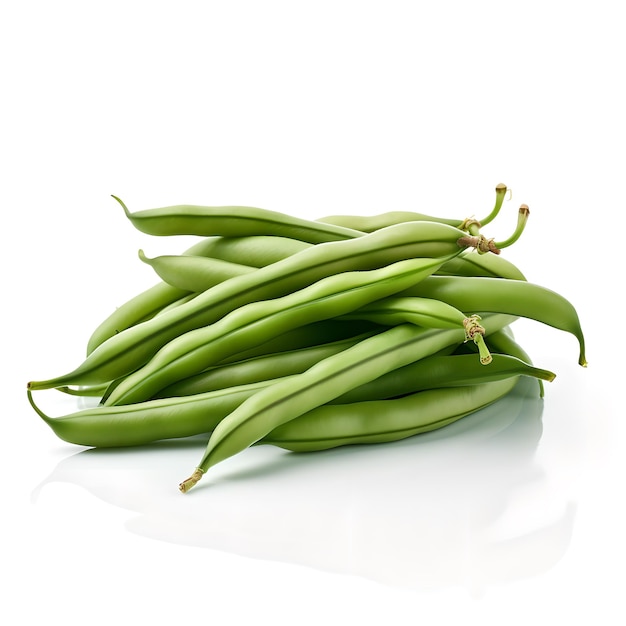 A pile of green beans is shown on a white background