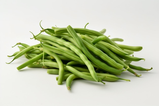 A pile of green beans on a white background