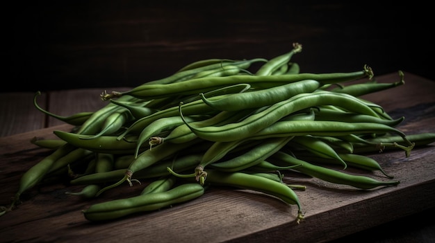 A pile of green beans on a wooden table