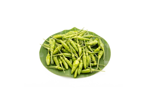 Pile of green Bird Chilli or Thai pepper isolated on white