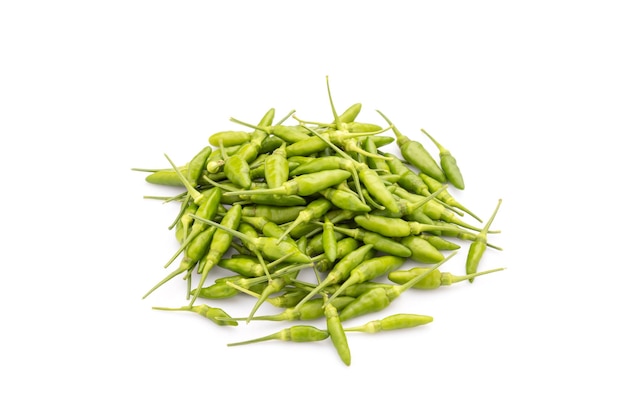 Pile of green Bird Chilli or Thai pepper isolated on white