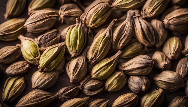 a pile of green and brown seeds with the word  on them