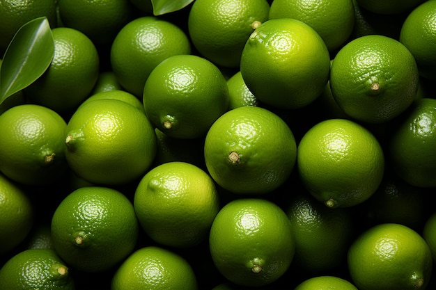 A pile of green limes with a white patch on the bottom.