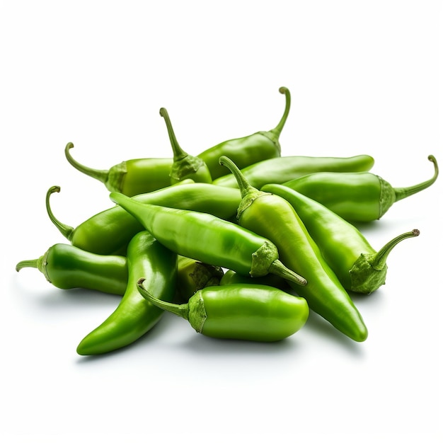 A pile of green peppers on white background