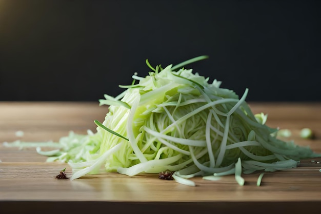 A pile of green vegetable salad on a wooden cutting board.