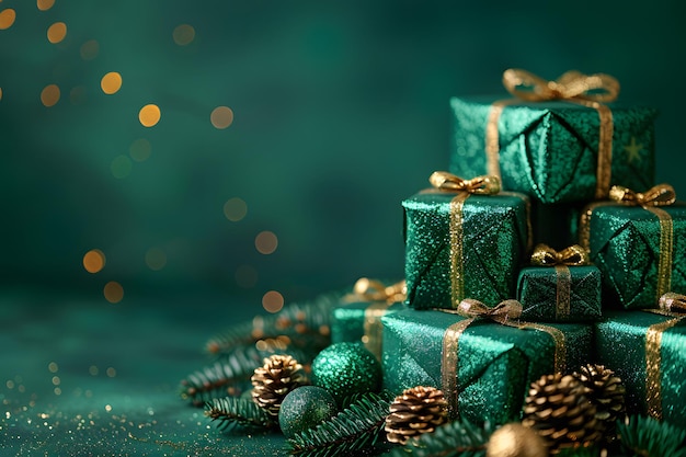 A Pile of Green Wrapped Presents on Table Generative AI