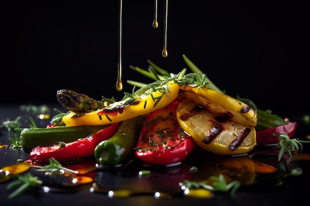 A pile of grilled vegetables with a drop of olive oil being poured over them.