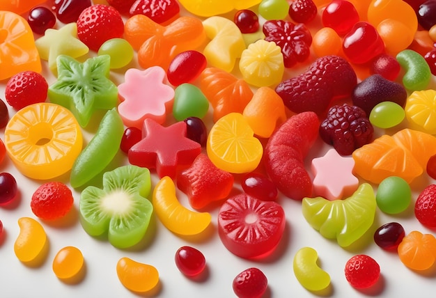 a pile of gummy bears and candy are on a table