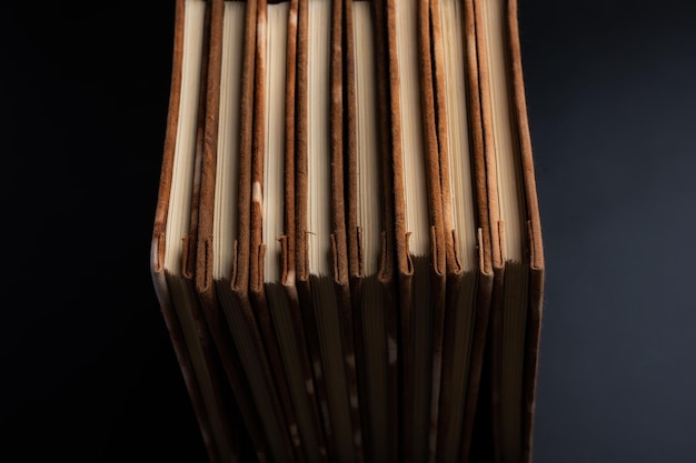 Pile of handmade notebooks isolated against black background