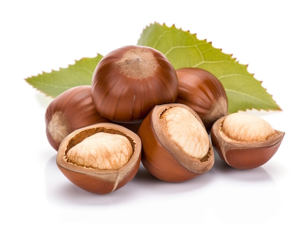 A pile of hazelnuts with a leaf on the side