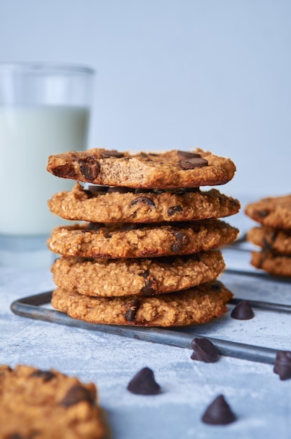 Pile of homemade oatmeal and banana cookies with chocolate chips. Vegan food