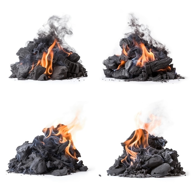 Pile of hot coals with flames and smoke isolated on White Background