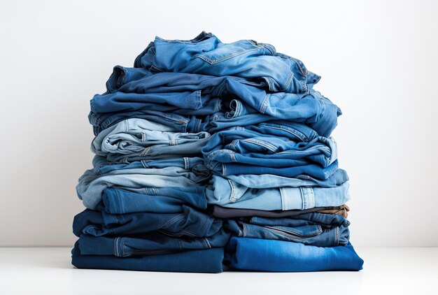 a pile of jeans that are folded flat on a white background in the style of faded palates