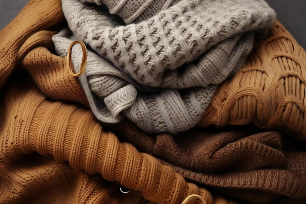 Pile of knitted sweaters on wooden background closeup