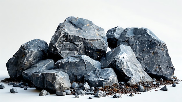 A pile of large grey rocks with some brown dirt on the ground Isolated on a white background