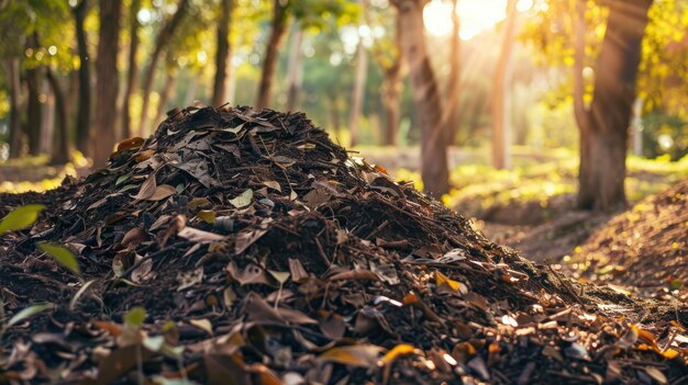 A Pile of Leaves and Soil in a Sunny Forest