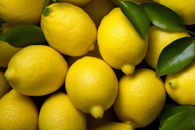 A pile of lemons with green leaves on them