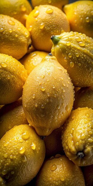 a pile of lemons with water droplets on them